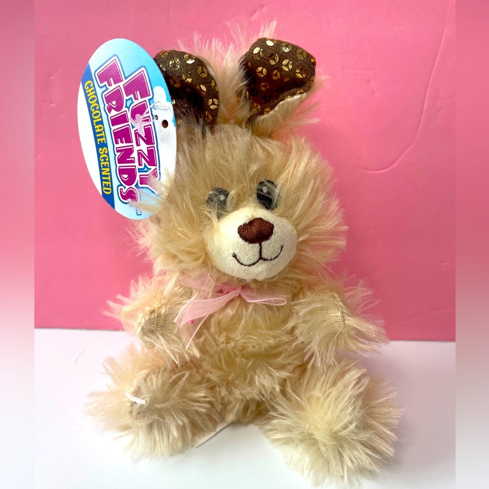 Fuzzy Friends Plush Bunny Beige Chocolate Scented Gold Sequin Ears 6” Y2K